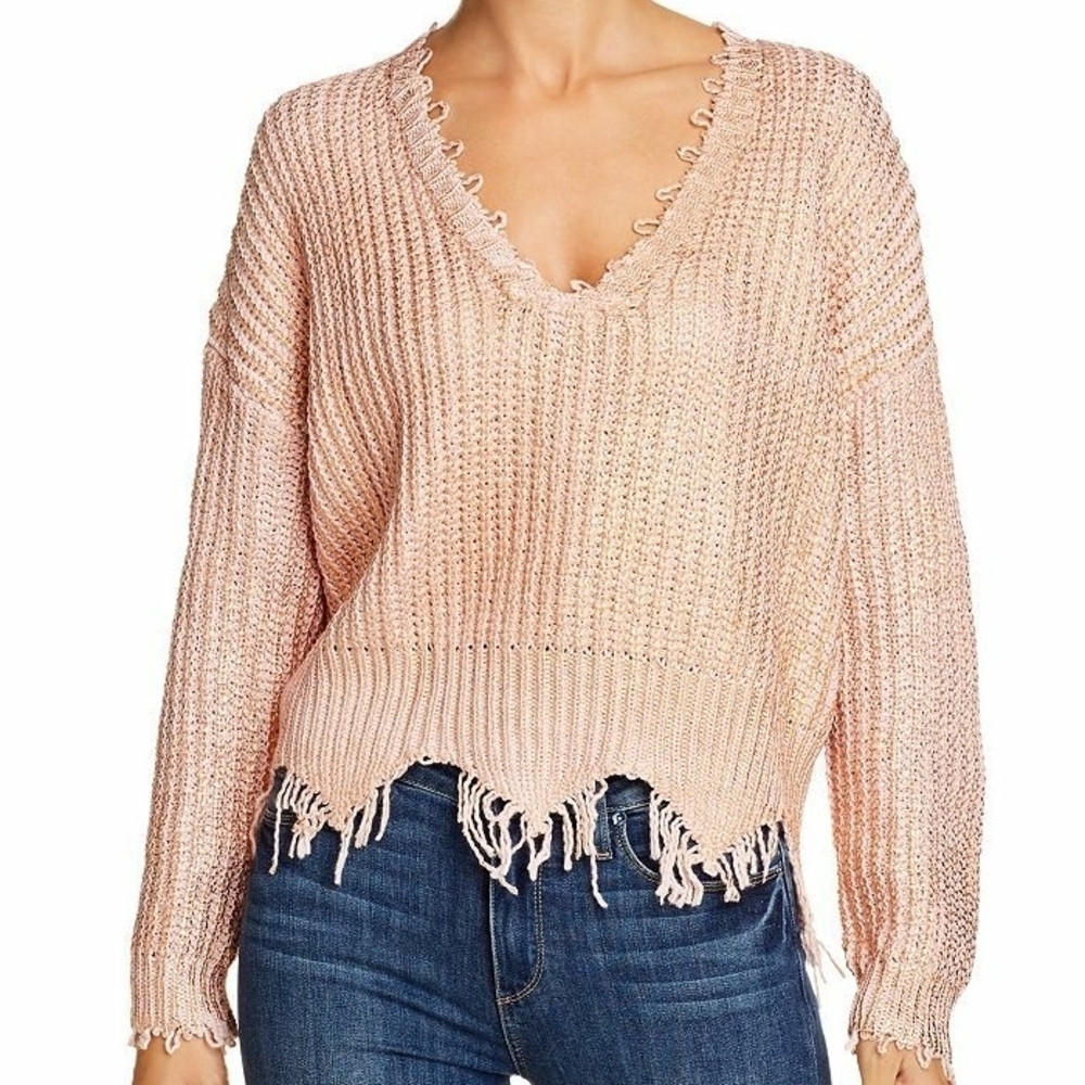 Elan Blush V-Neck Sweater with Frayed Hem